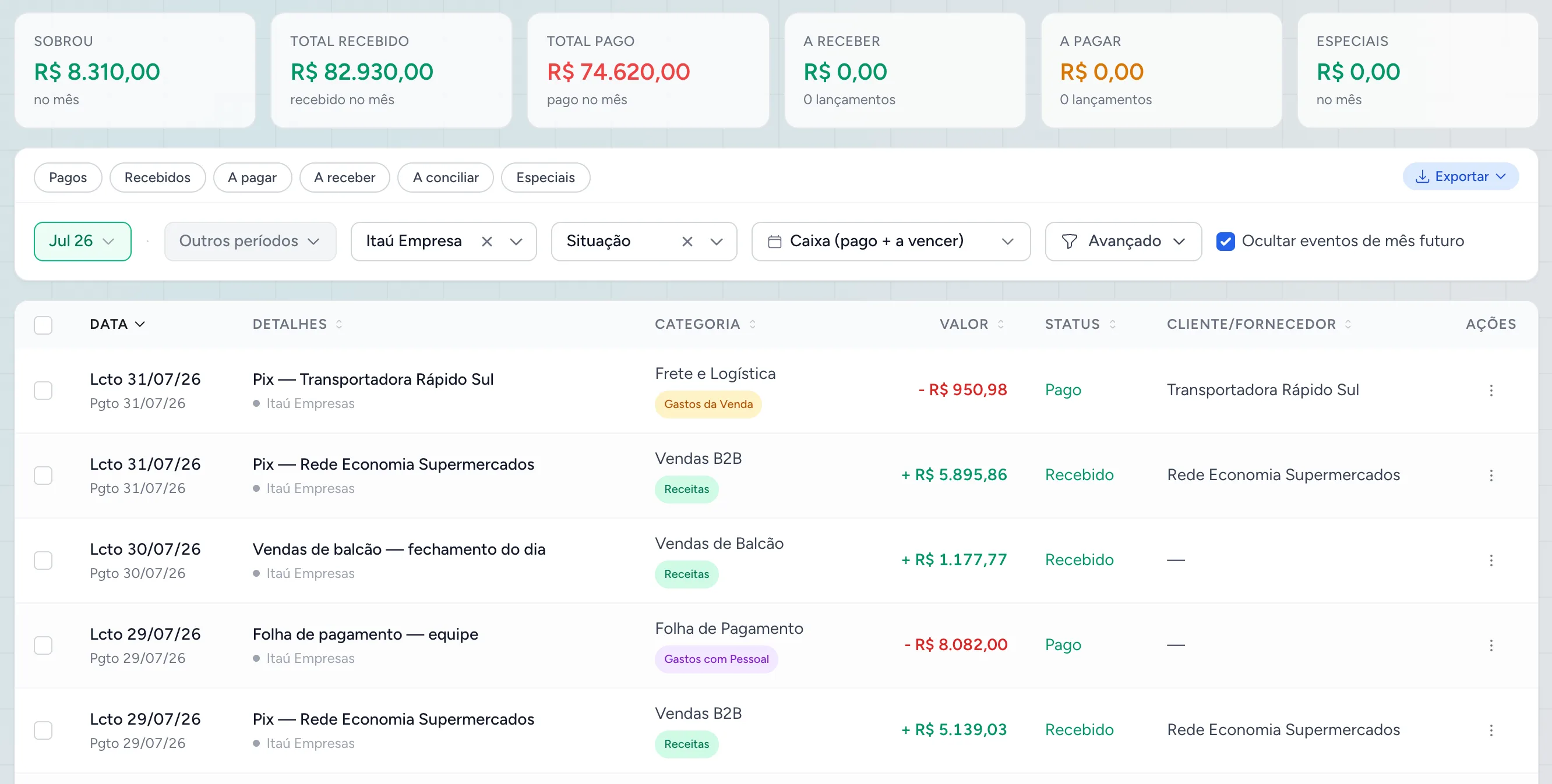 Tela de lançamentos da Numera — extrato do cliente batido, conciliado e categorizado, com totais do mês e categorias por lançamento