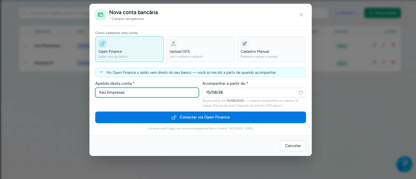 Importação de extrato bancário via Open Finance na Numera