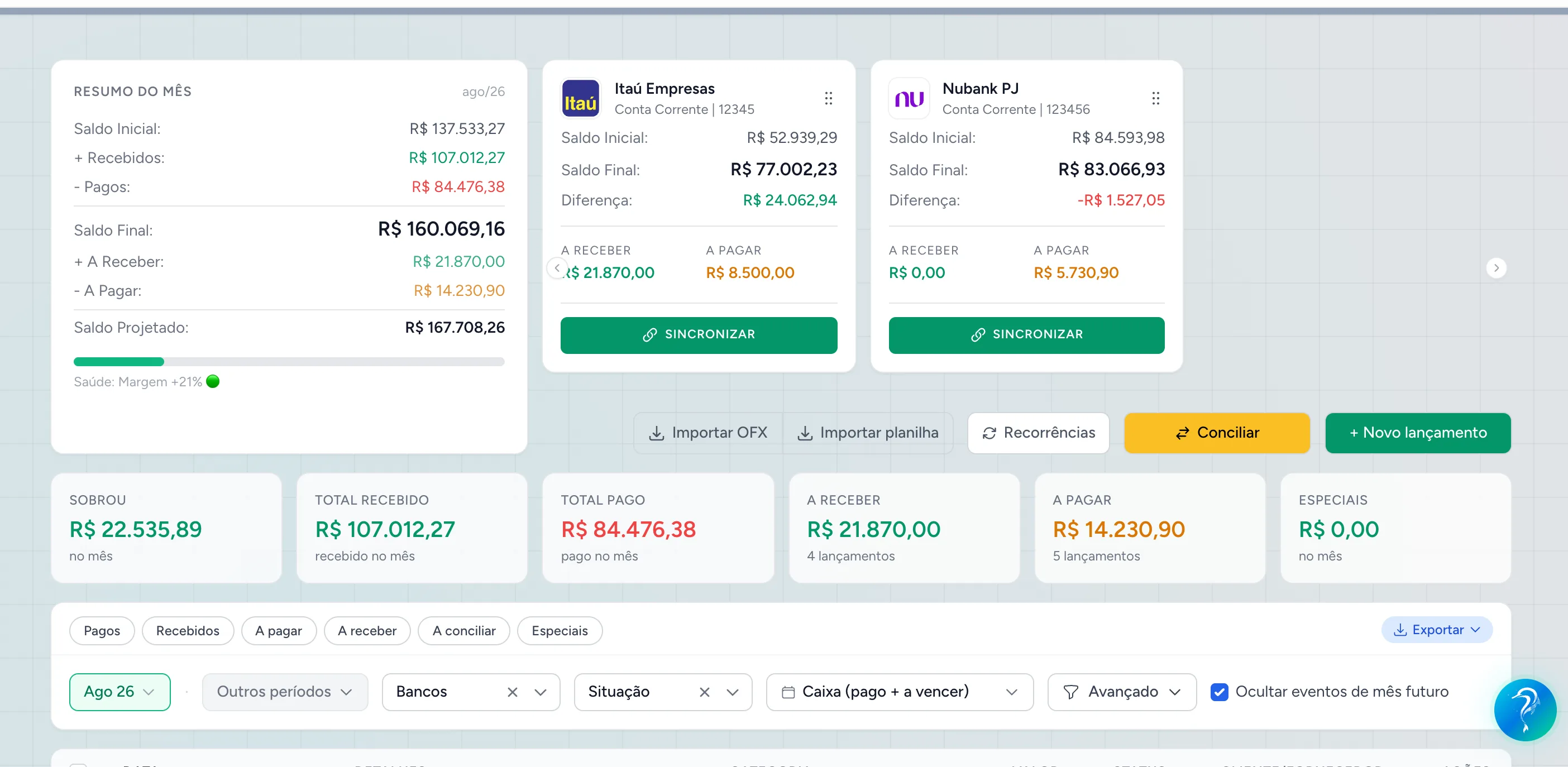 Tela de lançamentos da Numera, com contas conectadas e resumo do mês